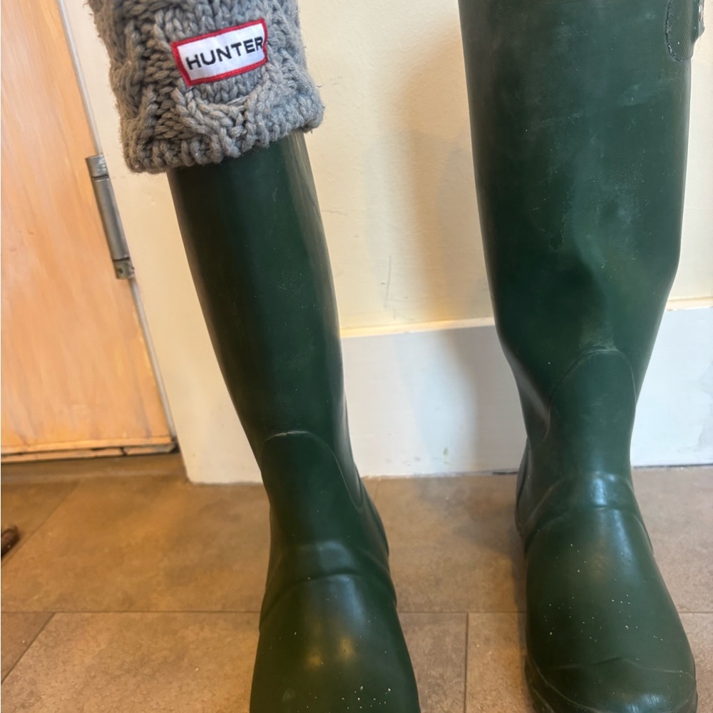Hunter Wellington Green Boots with Knit Cuffs